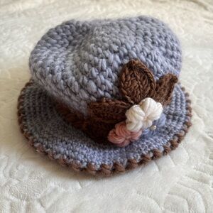 Pale Blue/purple crochet hat with flower details
